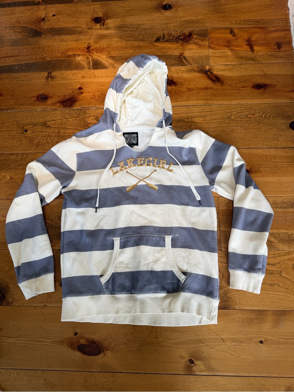 Lake Girl Striped Hooded Pullover Sweater in Cream and Grayish Purple sz Medium